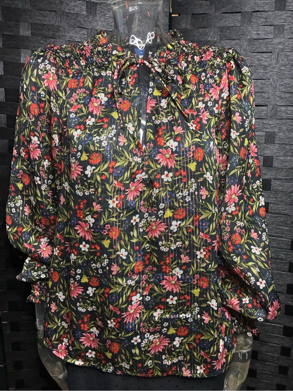 Old Navy Black Floral Tie-Neck Blouse with Pink and Red Flowers